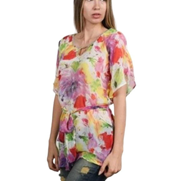 Short sleeve floral print butterfly sleeves pullover blouse