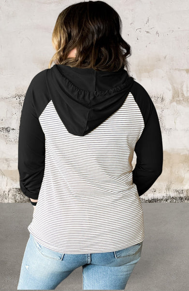 Plus Size Striped Long Sleeve Buttoned Pocket Hoodie
