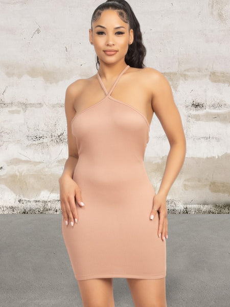 Halter Neck Ribbed Seamless Cut-out Dress