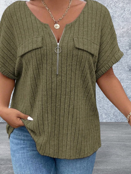 Plus Size Half Zip Short Sleeve Top