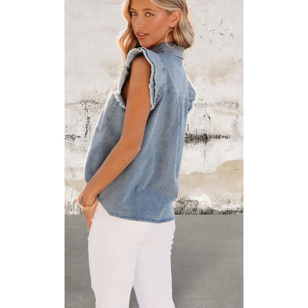 Blue Frayed Ruffle Short Sleeve Denim Shirt