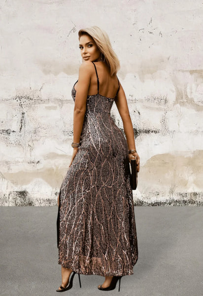 Spaghetti Straps Brown Wrap V Neck Dual Backless Sequin Maxi Evening Dress