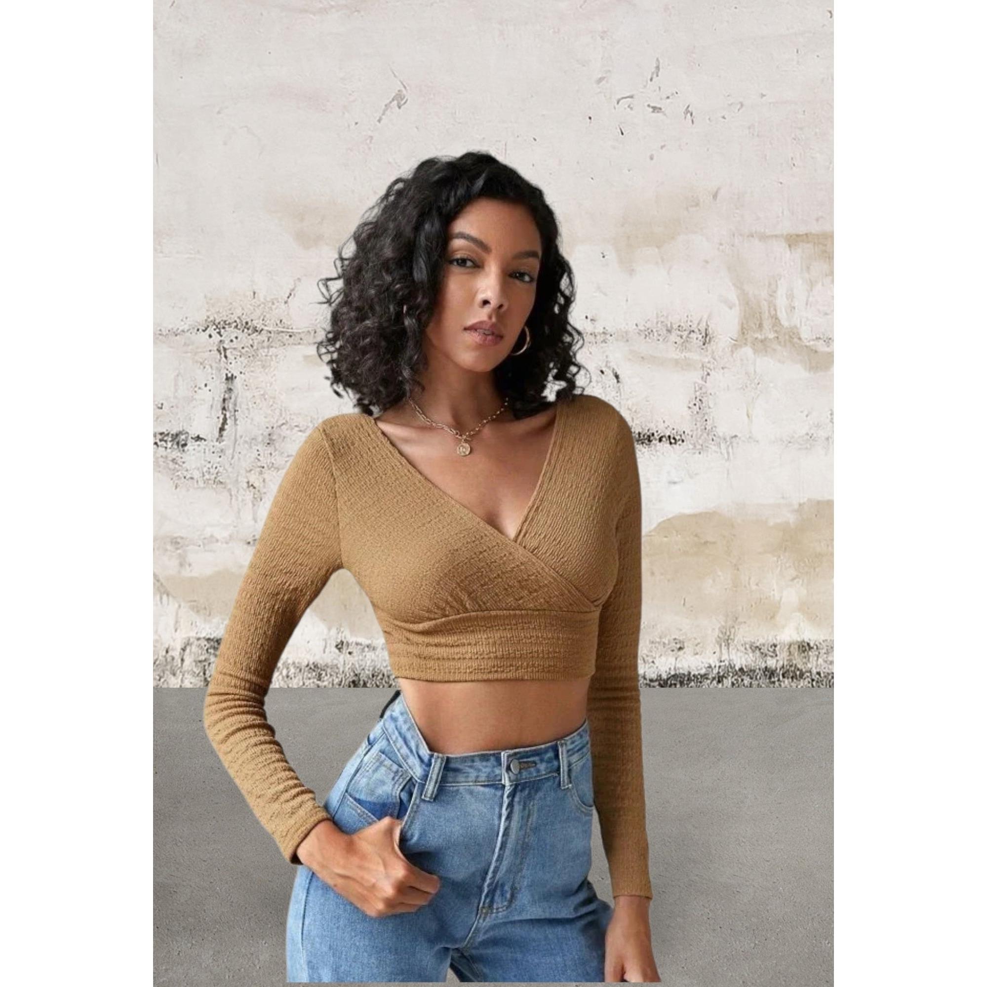 Solid Surplice Neck Crop Top