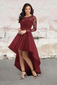 Long Sleeve Lace High Low Satin Dress