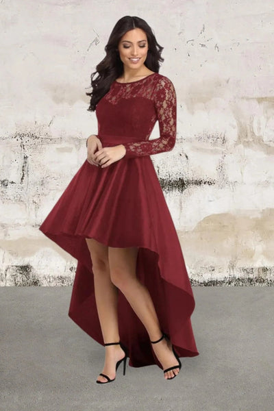 Long Sleeve Lace High Low Satin Dress