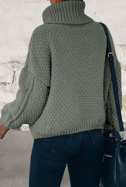 Gray Solid Turtleneck Cable Knit Pullover Sweater