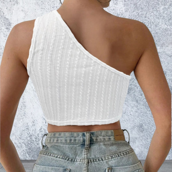 One Shoulder Ribbed Top with Crochet Fringe Hem