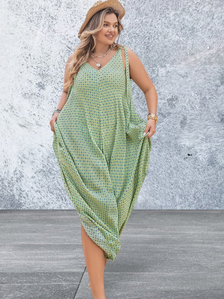 Plus Size Printed V-Neck Wide Leg Jumpsuit