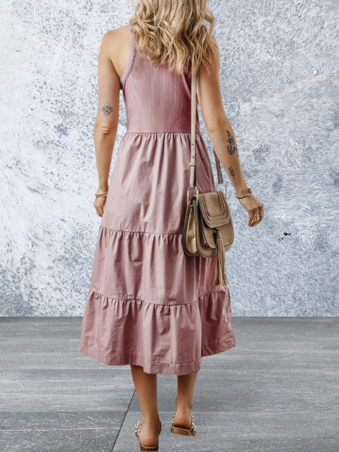 Sleeveless Sepia Rose Ribbed Vest Style Midi Dress with Pockets
