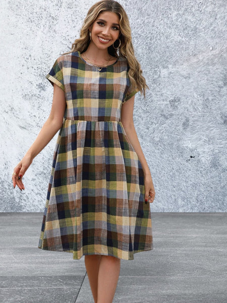 Cap Sleeve Plaid Round Neck Dress