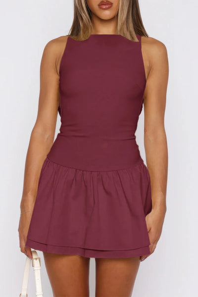 Sleeveless Ruched Ruffle Hem Mini Dress