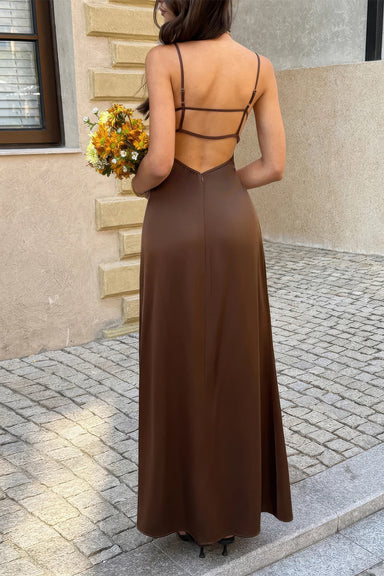 Sleeveless V neck Backless Long Dress Brown / M