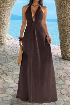 Sleeveless Halter Solid Hide Zipper A Line Maxi Dress