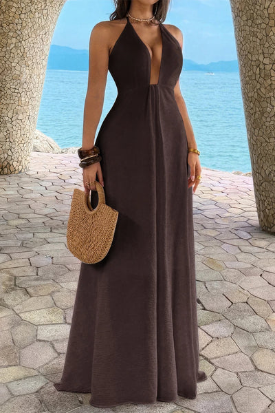 Sleeveless Halter Solid Hide Zipper A Line Maxi Dress