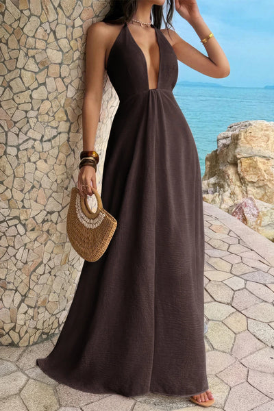 Sleeveless Halter Solid Hide Zipper A Line Maxi Dress