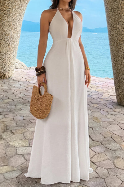 Sleeveless Halter Solid Hide Zipper A Line Maxi Dress