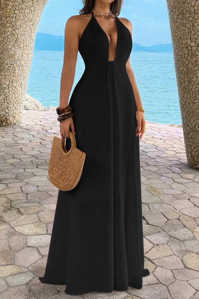 Sleeveless Halter Solid Hide Zipper A Line Maxi Dress