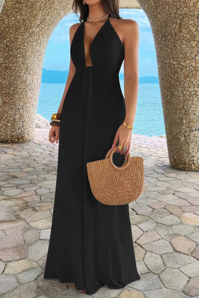 Sleeveless Halter Solid Hide Zipper A Line Maxi Dress
