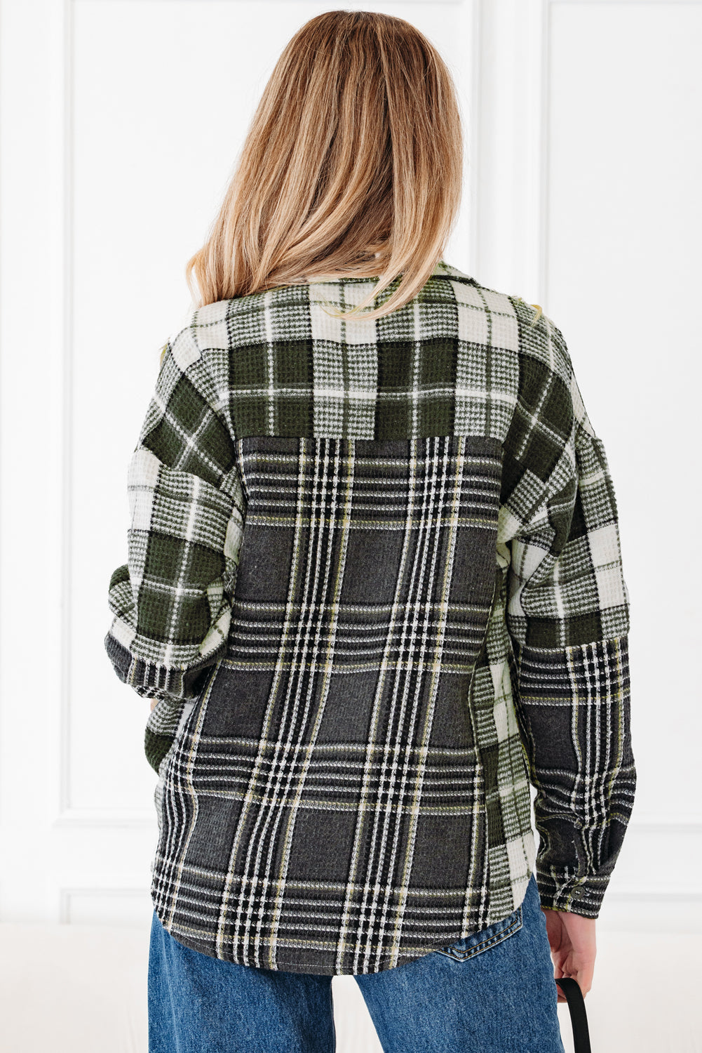 Black Plaid Print Textured Knit Buttoned Shacket