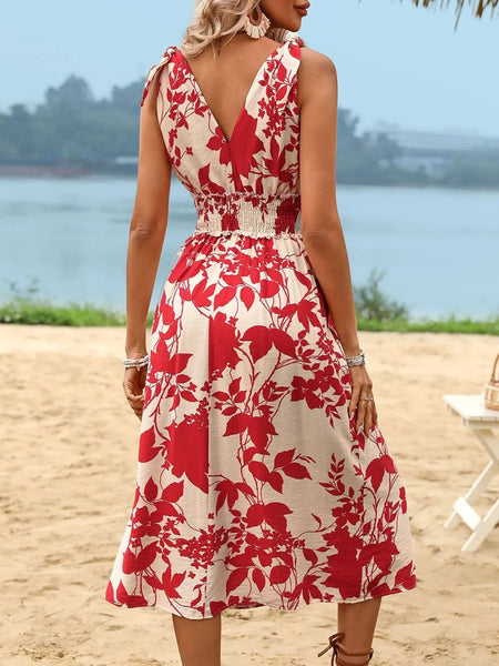 Sleeveless Perfee Smocked Printed Surplice Midi Dress