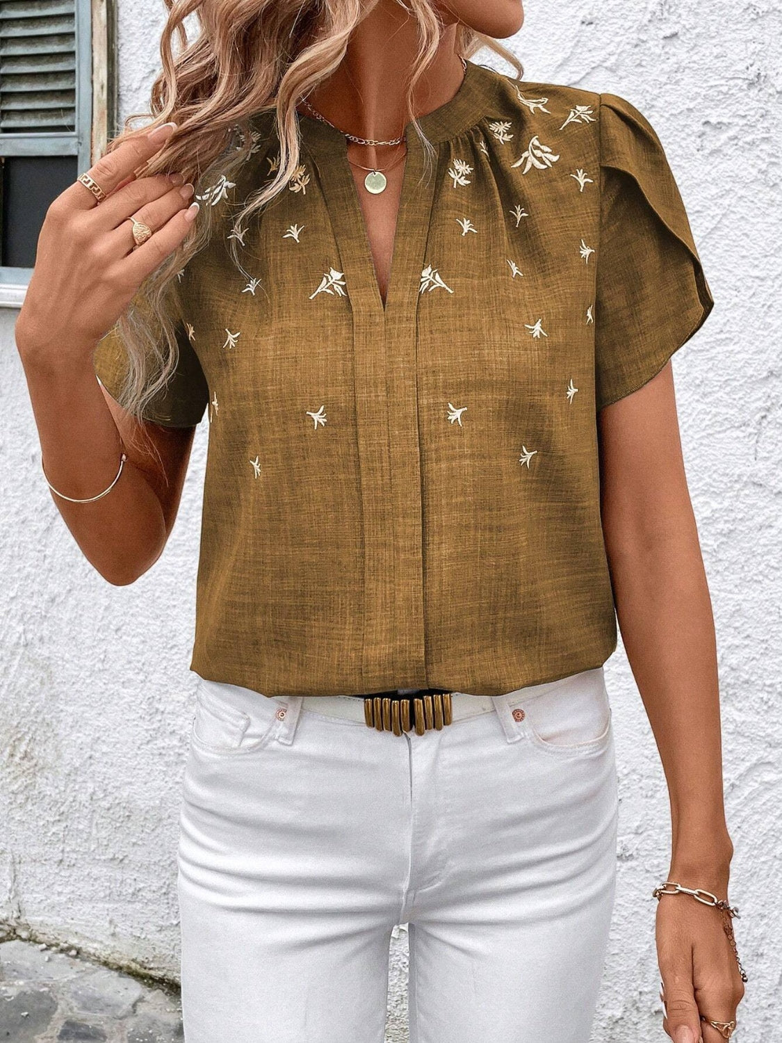 Floral Notched Short Sleeve Blouse