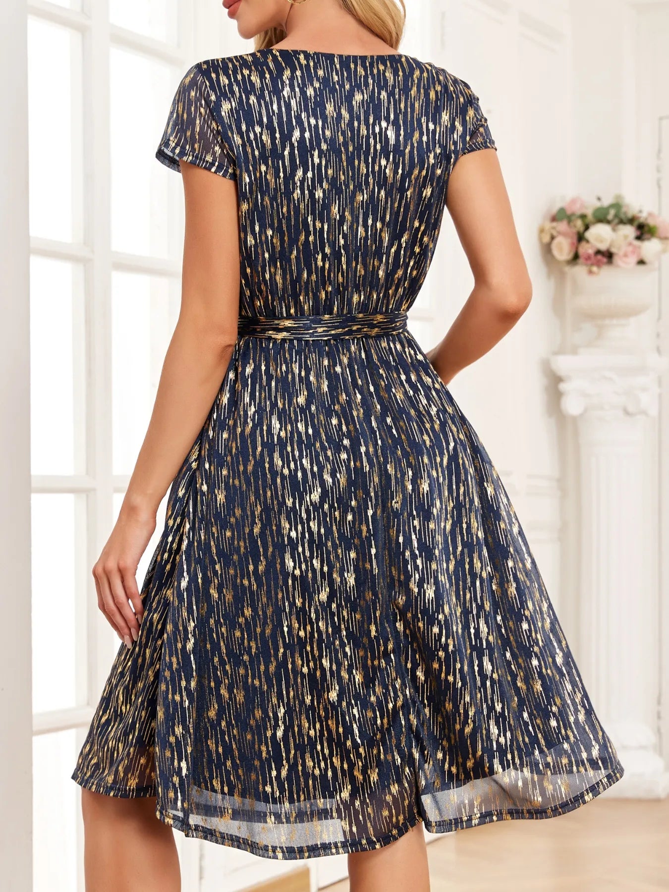 V-Neck Metallic Print Dress