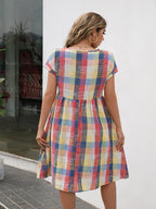 Cap Sleeve Plaid Round Neck Dress