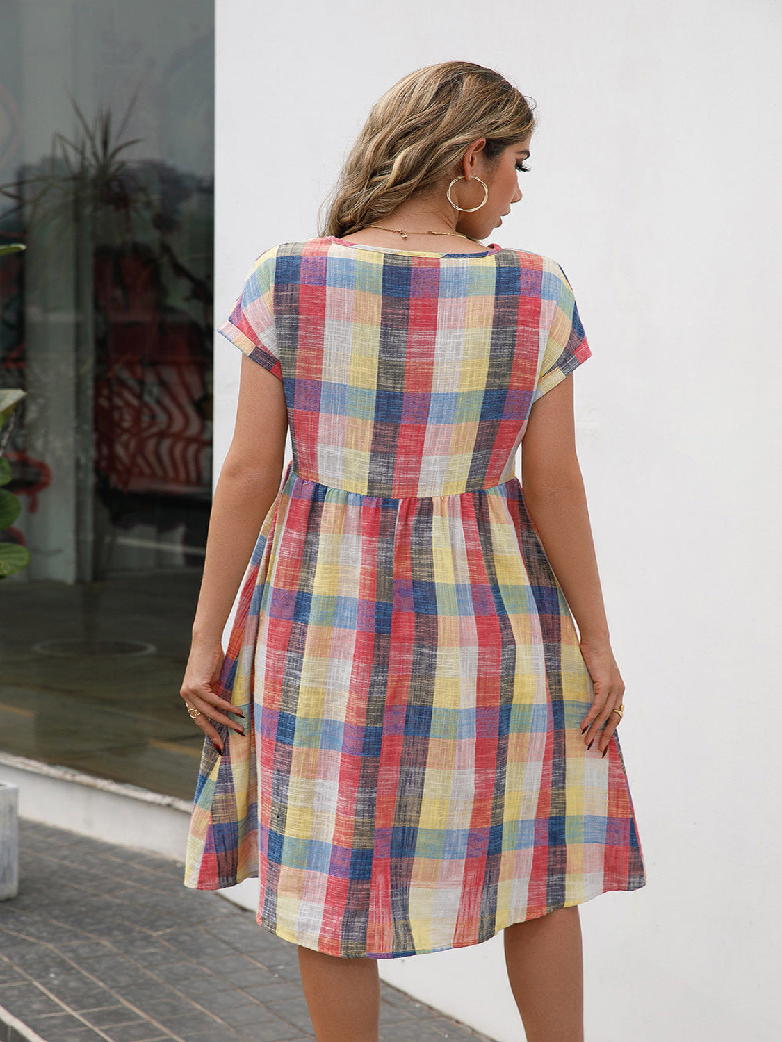 Cap Sleeve Plaid Round Neck Dress