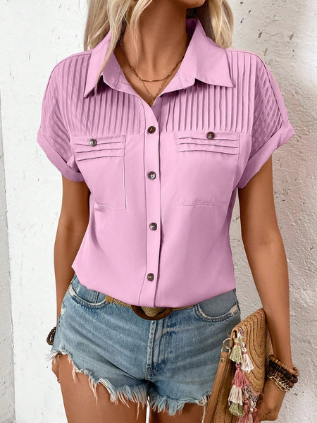 Short Sleeve Pleated Detail Collared Neck Shirt