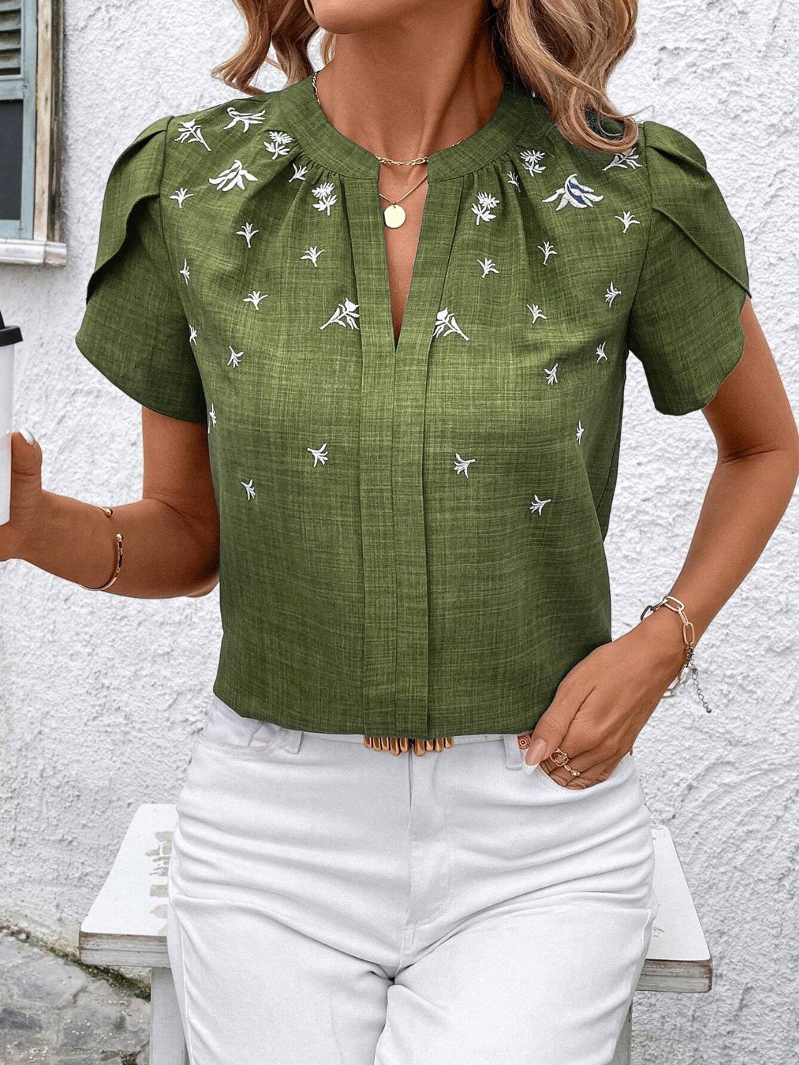 Floral Notched Short Sleeve Blouse