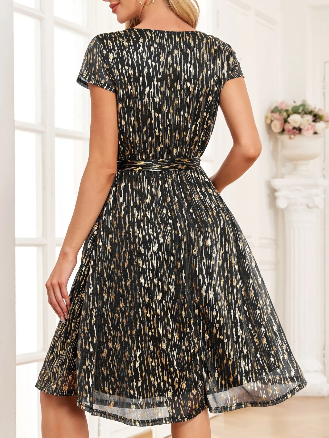 V-Neck Metallic Print Dress