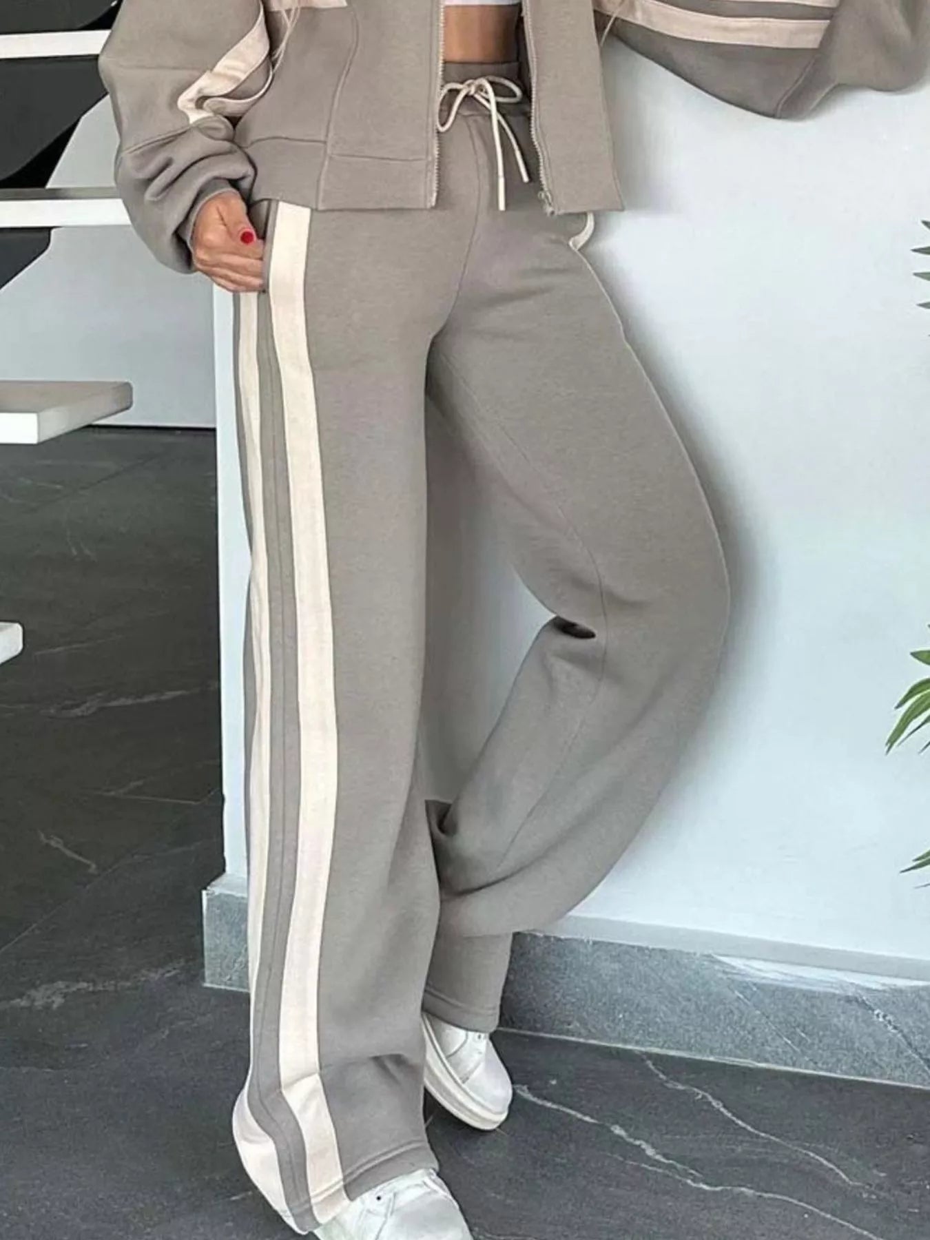 Women Striped Zip Up Outerwear And Pants Set