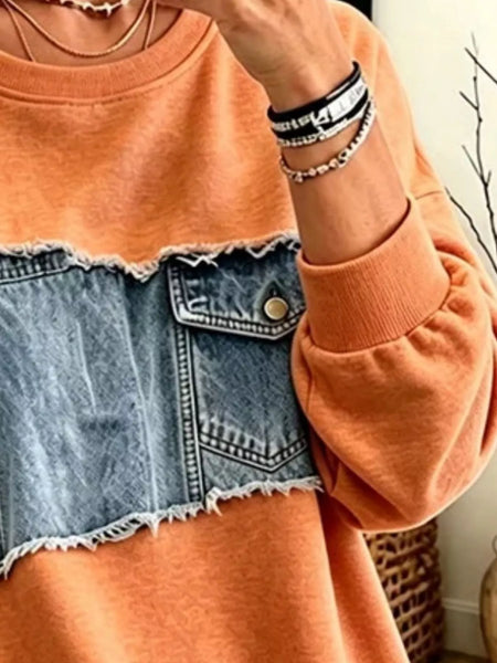 Long Sleeve Denim Patchwork Dropped Shoulder Sweatshirt
