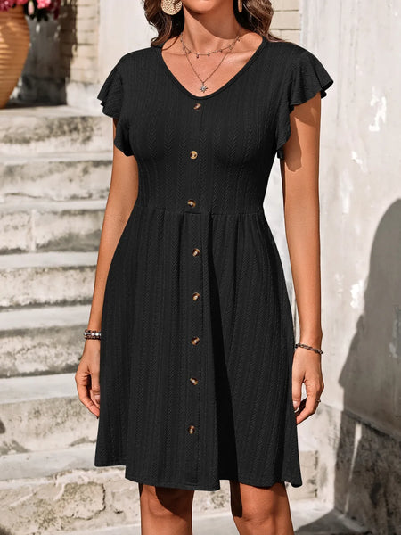 Women's V-Neck Ruffled Cap Sleeve Dress