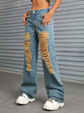 Women's Wide Leg Distressed Jeans with Pockets