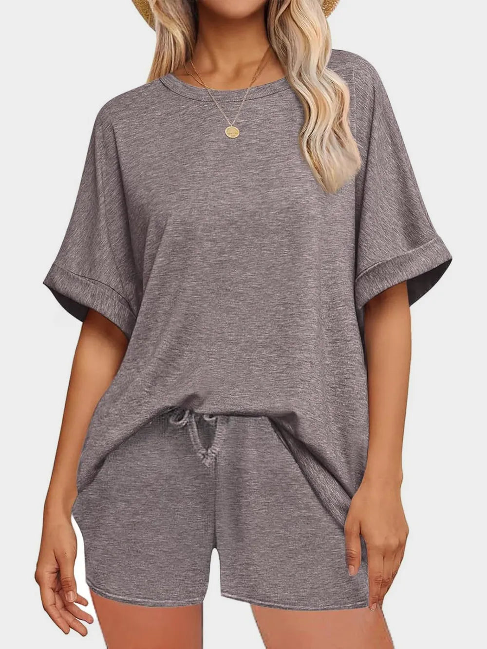 Short Sleeve Round Neck Drawstring Shorts Set