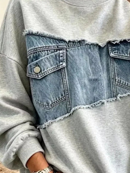 Long Sleeve Denim Patchwork Dropped Shoulder Sweatshirt