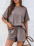 Short Sleeve Round Neck Drawstring Shorts Set