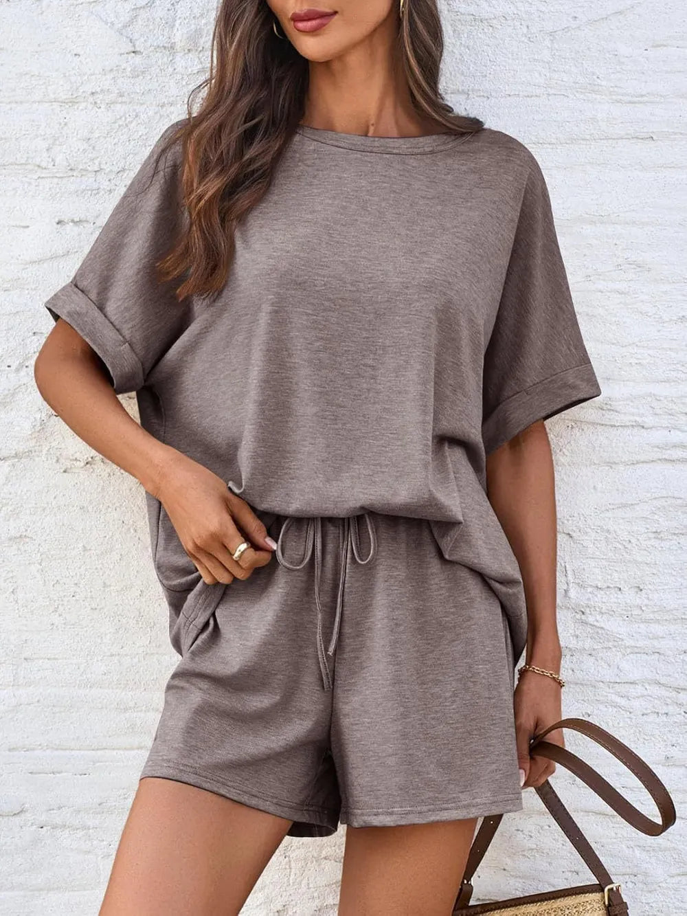 Short Sleeve Round Neck Drawstring Shorts Set