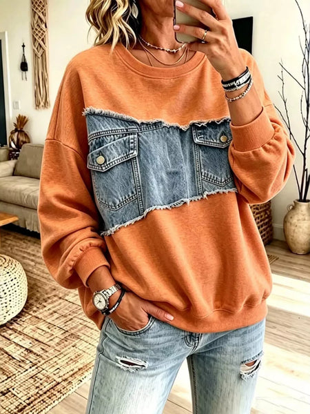 Long Sleeve Denim Patchwork Dropped Shoulder Sweatshirt