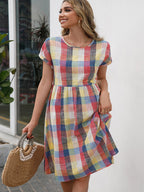 Cap Sleeve Plaid Round Neck Dress