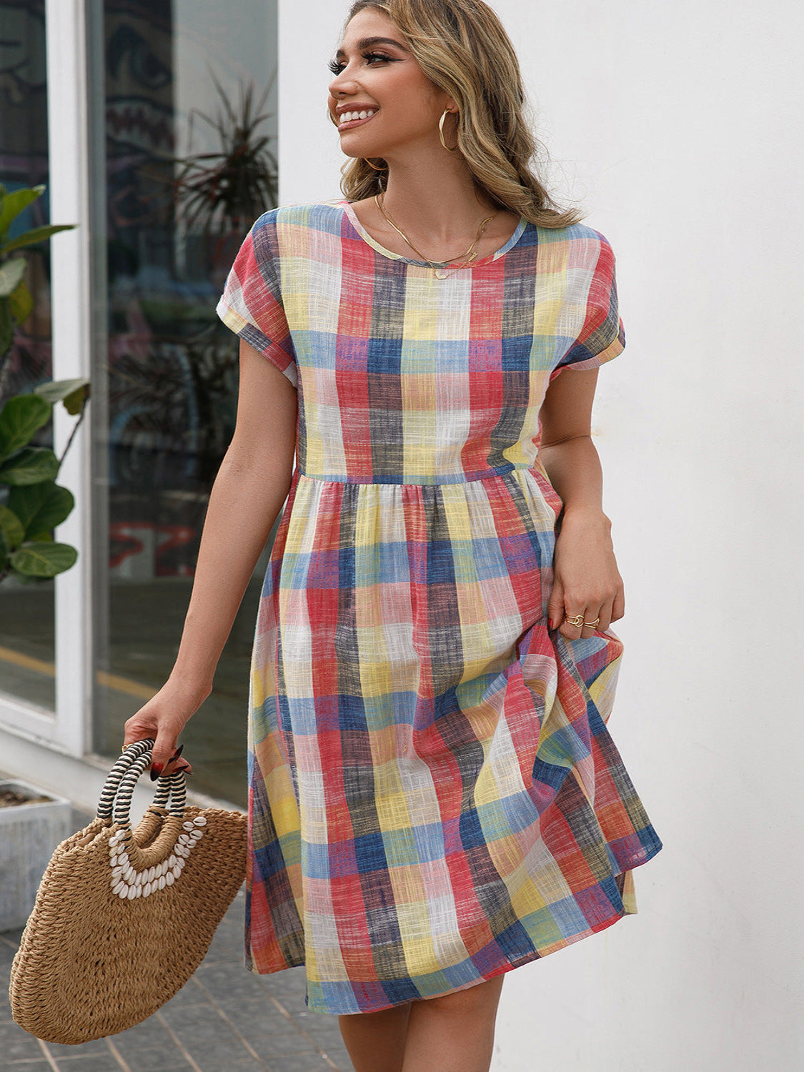 Cap Sleeve Plaid Round Neck Dress