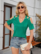Short Sleeve V-Neck Cold Shoulder Top