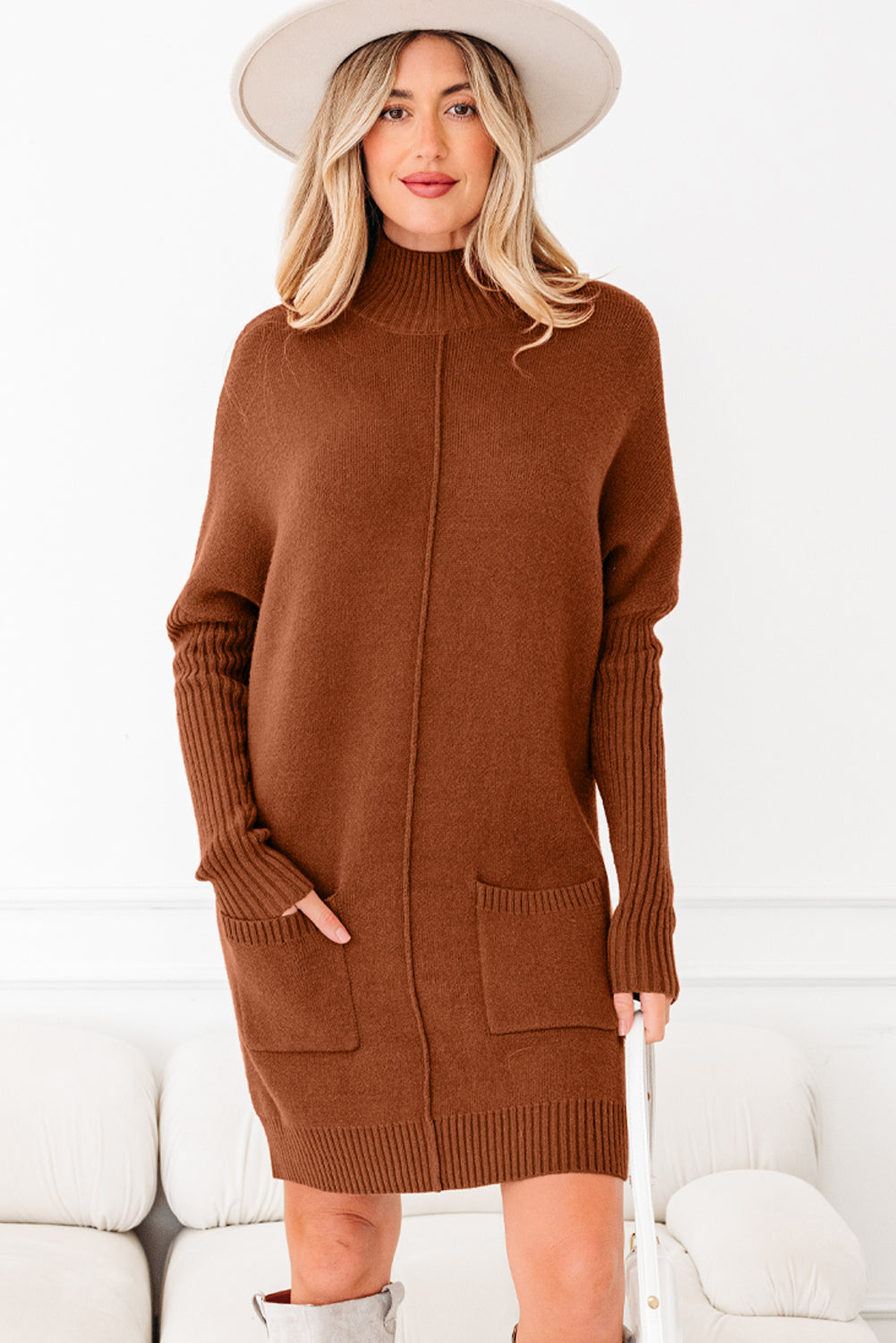 Long Sleeve Chestnut Ribbed High Neck Sweater Dress