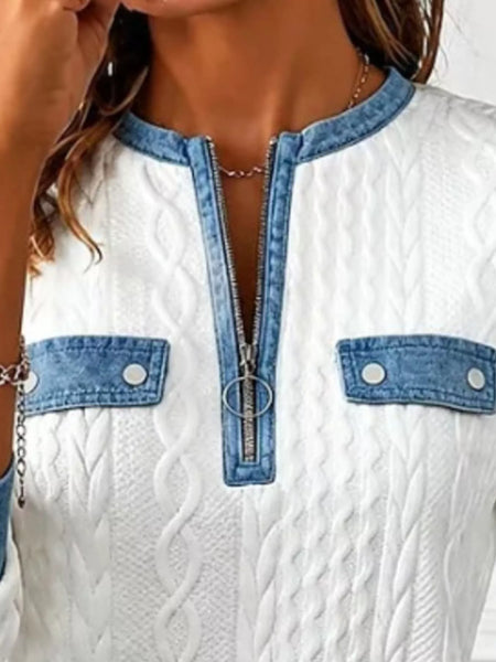Denim Contrast Trim Quarter Zipper Sweatshirt