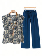 Cap Ruffled Seeve Top and Pants Set