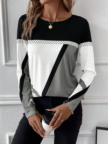 Contrast Round Neck Long Sleeve Top