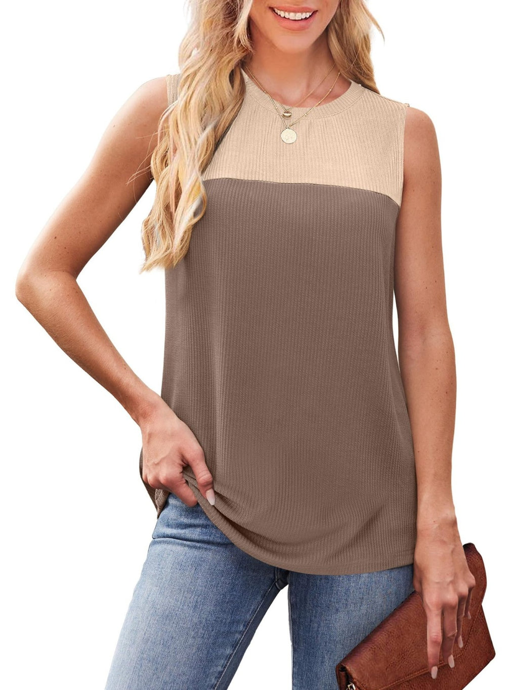 Sleeveless Color Block Round Neck Top