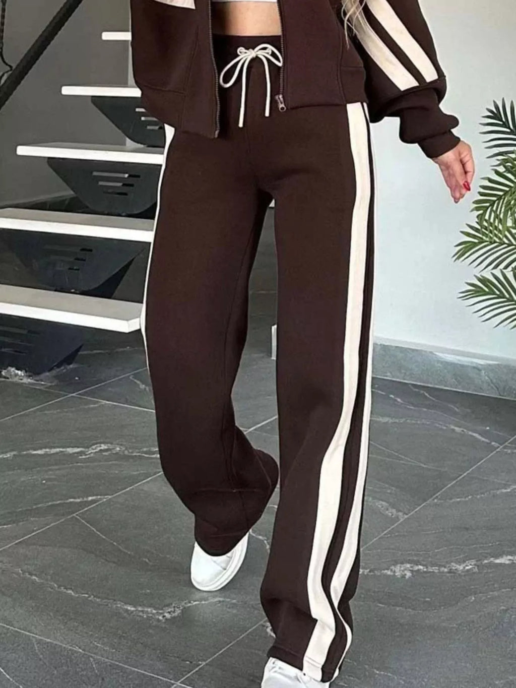 Women Striped Zip Up Outerwear And Pants Set
