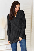 Long Sleeve Notched Neck Ribbed Topax